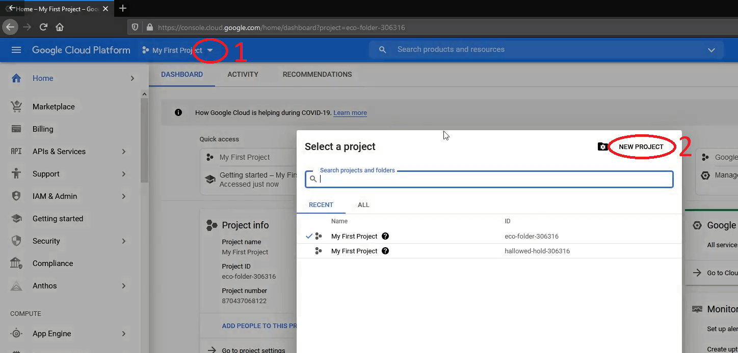 New Project in Google Cloud