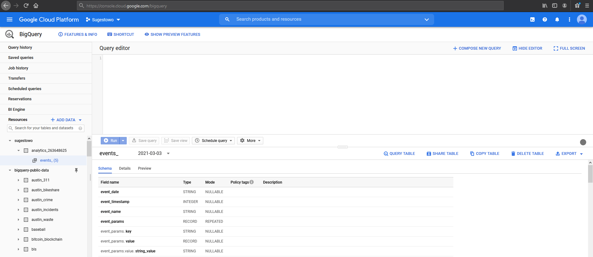 BigQuery panel for queries