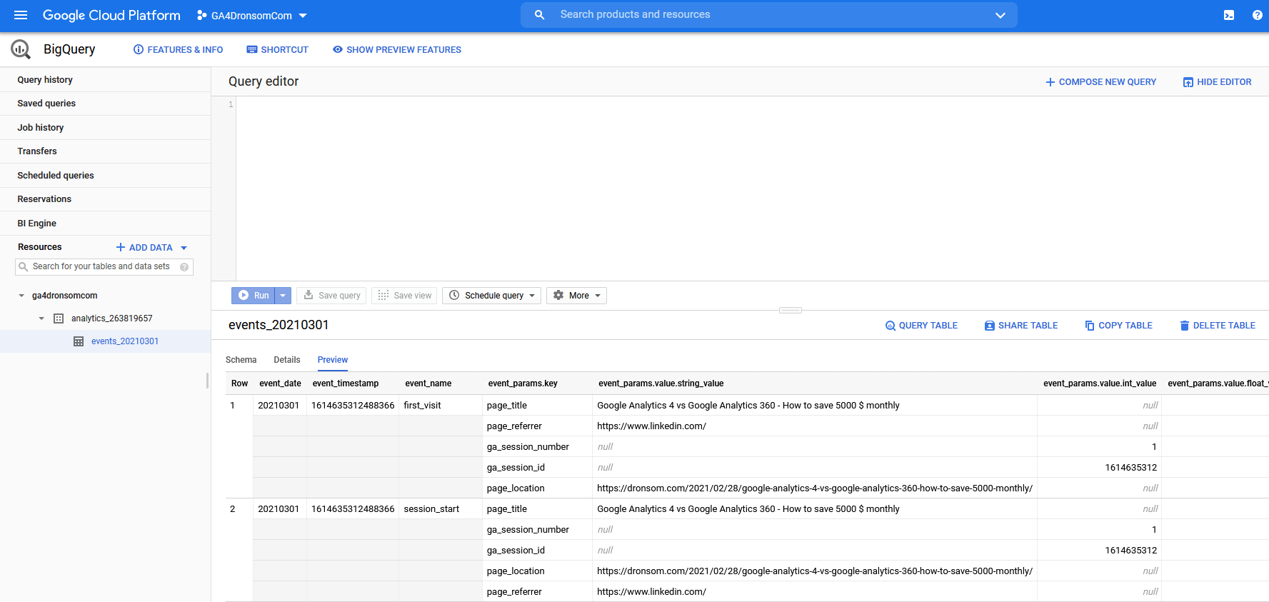 Raw Data from Google Analytics 4 Access